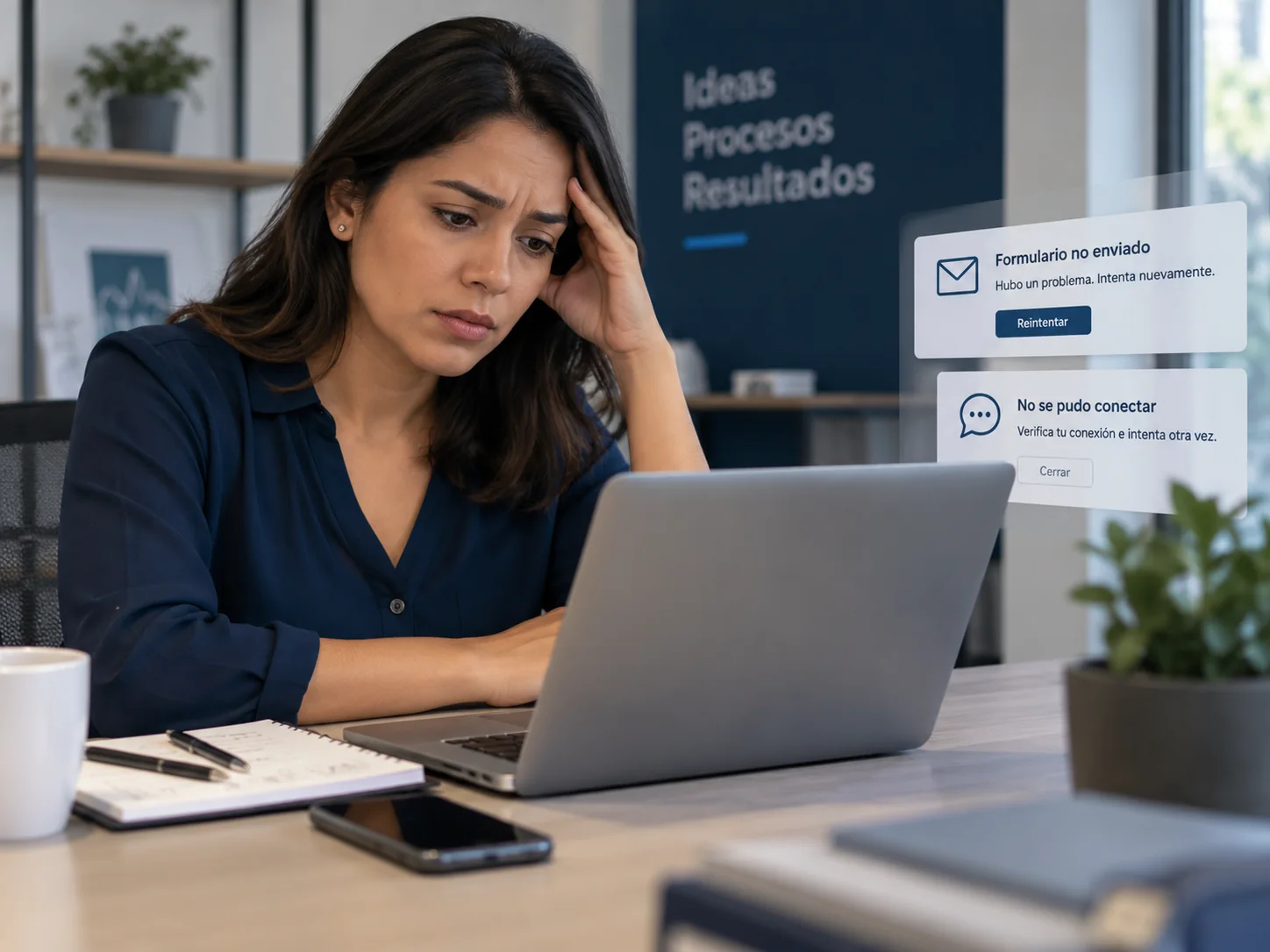 Empresaria revisa dificultades con un formulario y conexiones digitales desde su oficina.