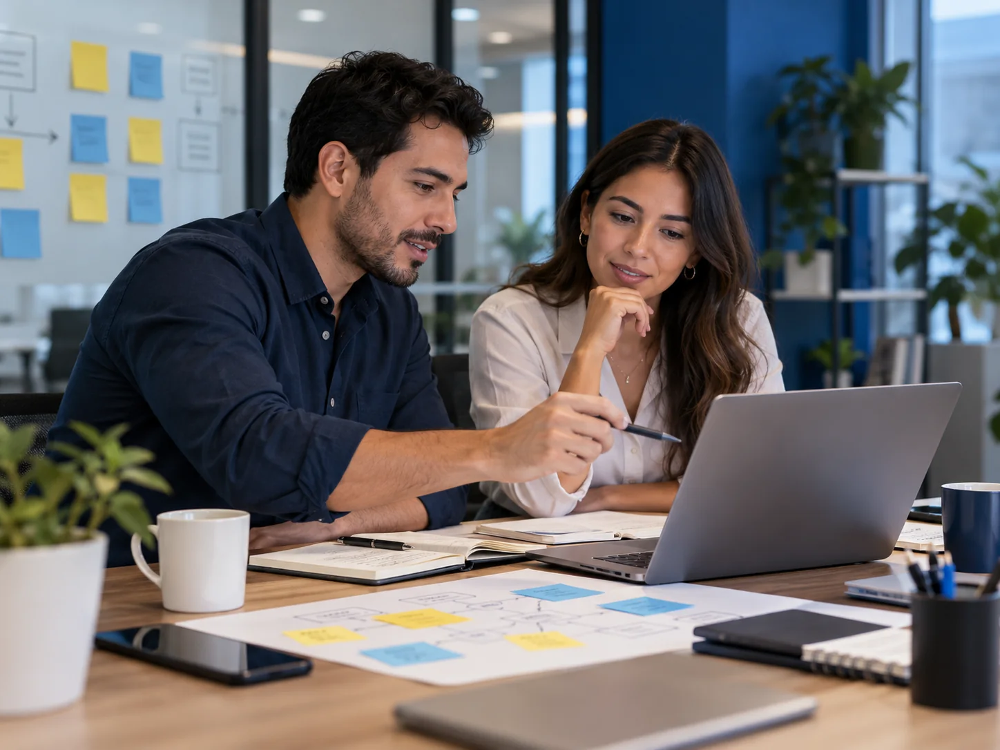 Dos profesionales conversan y revisan juntos un plan de trabajo digital.