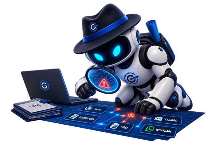 Investigador de Control Digital revisando conexiones y herramientas digitales con una lupa
